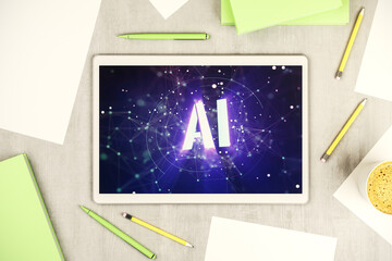 Aufkleber - Creative artificial Intelligence symbol concept on modern digital tablet screen. Top view. 3D Rendering