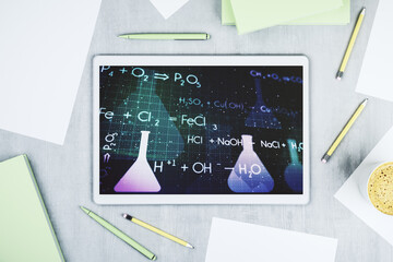 Poster - Modern digital tablet monitor with creative chemistry illustration, research and development concept. Top view. 3D Rendering