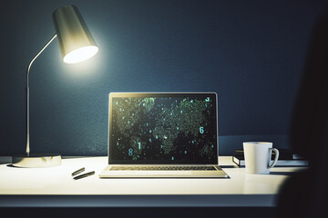 Fototapete - Abstract creative coding concept with world map on modern laptop screen. 3D Rendering