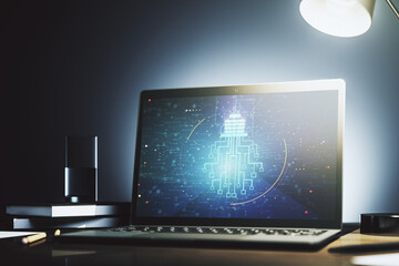 Aufkleber - Creative light bulb with chip hologram on modern laptop monitor, artificial Intelligence and neural networks concept. 3D Rendering