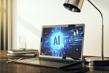 Aufkleber - Modern computer monitor with creative artificial Intelligence icon. Neural networks and machine learning concept. 3D Rendering