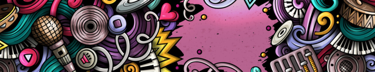 Wall Mural - Music hand drawn doodle banner. Cartoon vector detailed flyer.