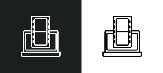 Poster - laptop with film strip line icon in white and black colors. laptop with film strip flat vector icon from laptop with film strip collection for web, mobile apps and ui.