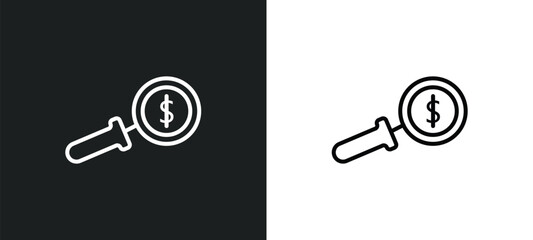 Poster - dollar business search line icon in white and black colors. dollar business search flat vector icon from dollar business search collection for web, mobile apps and ui.