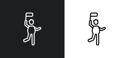 Poster - man with flag line icon in white and black colors. man with flag flat vector icon from man with flag collection for web, mobile apps and ui.