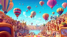 A Whimsical Hot Air Balloon Festival With A Clear Blue Sky And Vibrant Balloons. Colorful Illustration Art. Generative AI