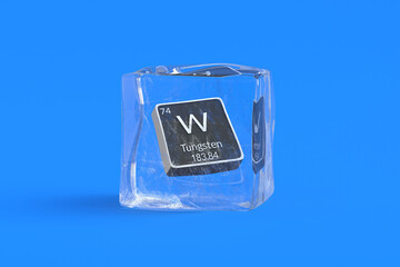 Tungsten W chemical element of periodic table in ice cube. Symbol of chemistry element. 3d render