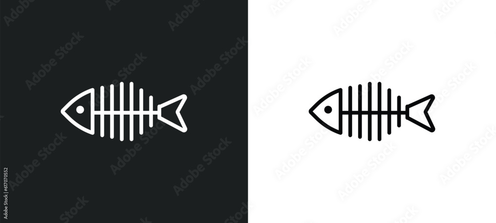 fish bone line icon in white and black colors. fish bone flat vector ...
