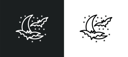 Poster - moon and bats line icon in white and black colors. moon and bats flat vector icon from moon bats collection for web, mobile apps ui.