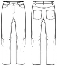 Men's Denim Jeans Trouser Pants Front And Back View Flat Sketch Fashion Illustration, Five Pockets Denim Pants Vector Template
