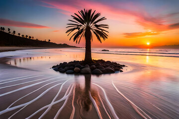 Silhouette coconut palm trees on beach at sunset. Vintage tone.