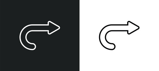 Poster - curved right arrow line icon in white and black colors. curved right arrow flat vector icon from curved right arrow collection for web, mobile apps and ui.