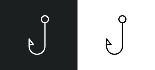 Poster - fish and hook line icon in white and black colors. fish and hook flat vector icon from fish hook collection for web, mobile apps ui.
