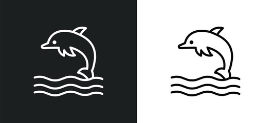 Poster - dolphin on water waves line icon in white and black colors. dolphin on water waves flat vector icon 