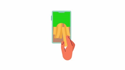 Fototapete - French fries order online animation. Animated picking fried potato sticks from mobile 2D cartoon flat first view hand. 4K video concept footage on white with alpha channel transparency for web design