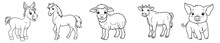 Farm Animals - Cute Donkey, Horse, Sheep, Cow And Pig, Simple Thick Lines Kids Or Children Cartoon Coloring Book Pages. Clean Drawing Can Be Vectorized To Illustration Easily. Generative AI