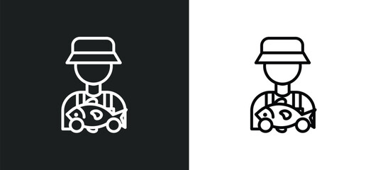 Poster - fisherman line icon in white and black colors. fisherman flat vector icon from fisherman collection for web, mobile apps and ui.