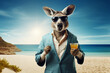 Strandvergnügen: Ein entspanntes Känguru mit einem kühlen Getränk am Stran