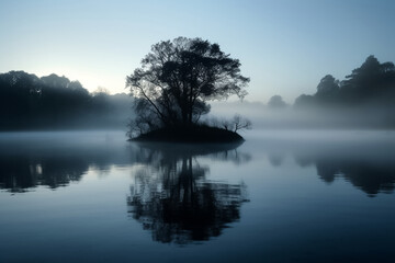 Wall Mural - The tranquility of a serene lake at dawn with mist rising from the water's surface.