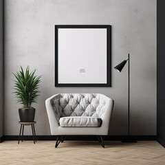 Mock up poster frame in minimalist living room interior background, cement wall,3D render