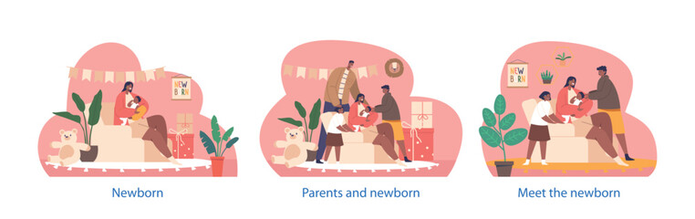 Sticker - Isolated Elements With Black Family Characters Gather At Home To Meet Arrival Of A Newborn, Cartoon Vector Illustration