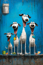 Portrait Of A Oil Painting Portrait Of Funny And Happy Dogs On Blue Background.