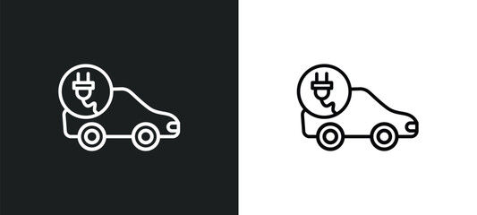 Poster - electric car and plug line icon in white and black colors. electric car and plug flat vector icon from electric car plug collection for web, mobile apps ui.