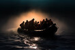© J S - Overloaded small life boat full of illegal immigrants during refugee crisis in distress at the foggy night sea with copy space