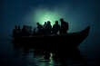 © J S - Overcrowded old wooden boat full of refugees during migration crisis in distress at the foggy night sea with copy space