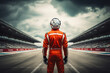 © Oleksandr - formula one pilot on the background of a racing car and the track, rear view. ai generative