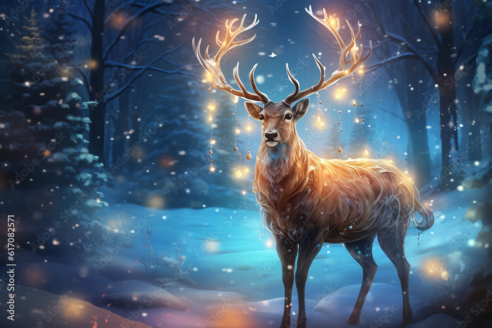 A magic festive reindeer covered in glowing lights in a winter scene ...
