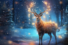 A Magic Festive Reindeer Covered In Glowing Lights In A Winter Scene. Ai Generative