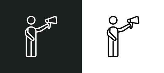 Poster - leader with loudspeaker line icon in white and black colors. leader with loudspeaker flat vector icon from leader with loudspeaker collection for web, mobile apps and ui.