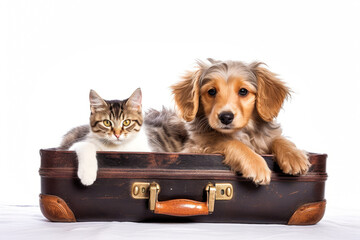 Heartwarming chien et chat cozy in a traveling valise, evoking pet-care quandaries during owner's holiday adventures. Cherish delightful companionship moments. Generative AI