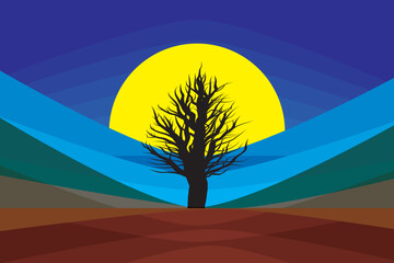 Sticker - Illustration abstract of silhouette tree with yellow circle on multi color background.