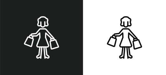 Poster - shopper with bags line icon in white and black colors. shopper with bags flat vector icon from shopper with bags collection for web, mobile apps and ui.