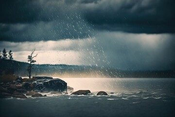 Poster - stormy rainy on the lake. generated by AI.