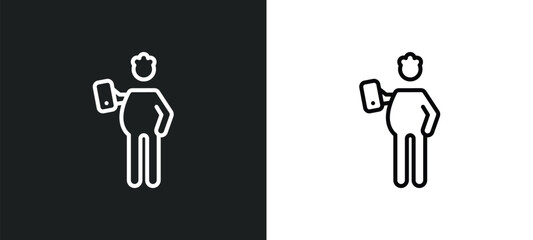 Poster - man with mobile phone line icon in white and black colors. man with mobile phone flat vector icon from man with mobile phone collection for web, apps and ui.