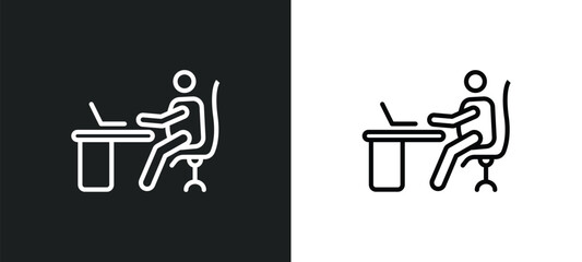 Poster - man working at desk line icon in white and black colors. man working at desk flat vector icon from man working at desk collection for web, mobile apps and ui.