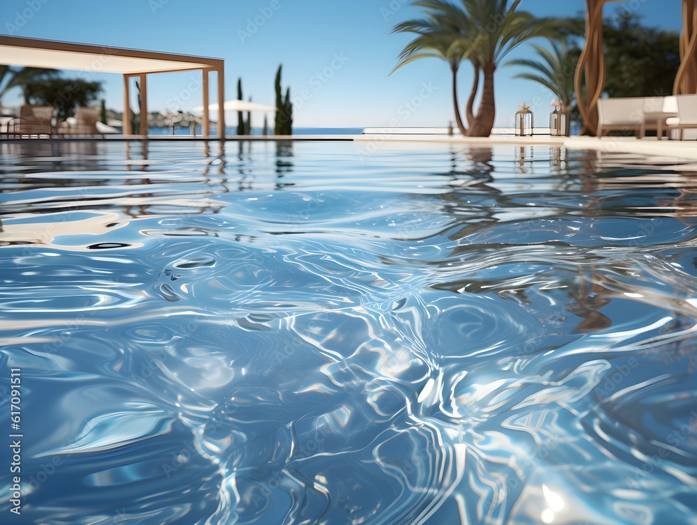 Ultra-Realistic 3D Rendering, Swimming Pool Water Ripples, Light and Shadows Play, Transparent Surface, Front View, Generative AI, Generative, KI