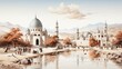 Beautiful watercolor illustration of an Islamic mosque in a landscape
