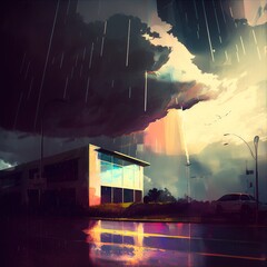 Aufkleber - city drawing with rainy sky. generated by AI.