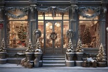 A Charming Storefront With Frost-covered Windows, Showcasing A Variety Of Beautifully Arranged Christmas Decorations, Enticing Passersby With Holiday Spirit. Generative AI