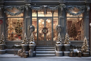 A charming storefront with frost-covered windows, showcasing a variety of beautifully arranged Christmas decorations, enticing passersby with holiday spirit. Generative AI