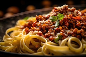 Pasta with Bolognese sauce and parmesan cheese. Generative Ai image