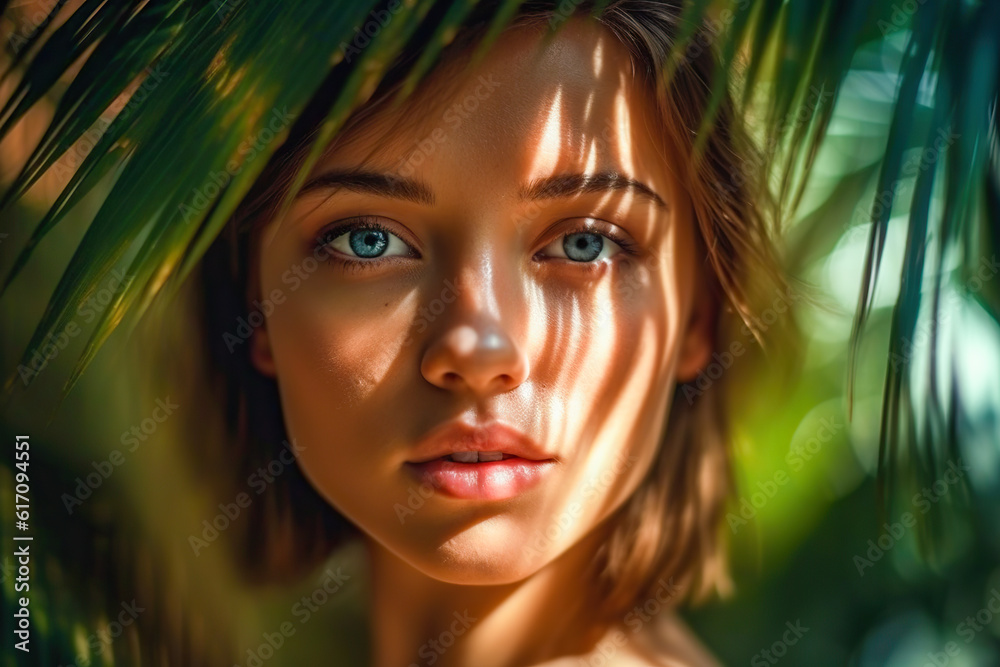 Portrait of beautiful woman with shadows of palm leaf on face. wild ...