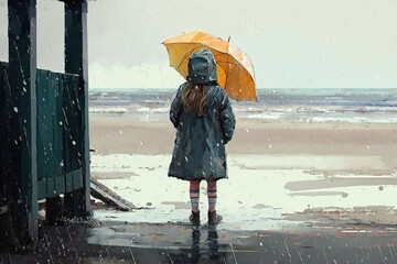 Poster - Rain on the beach. People with an umbrella. AI generated