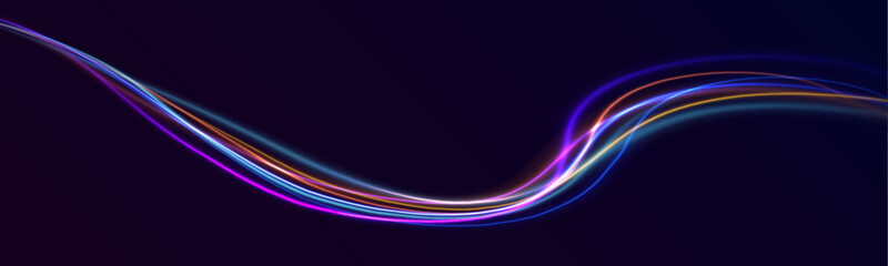Wall Mural - Abstract neon color wave lights background. Dynamic composition of bright lines forming lights path of speed movement, futuristic dark background, graphic design element	