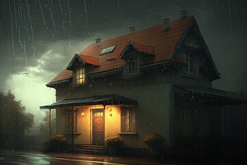 Aufkleber - house in the pouring rain. Generated by AI.