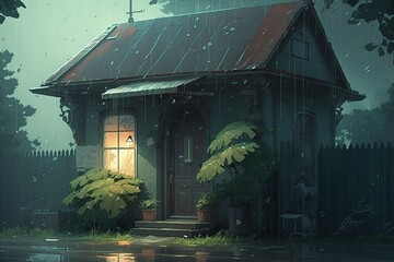 Aufkleber - house in the pouring rain. Generated by AI.